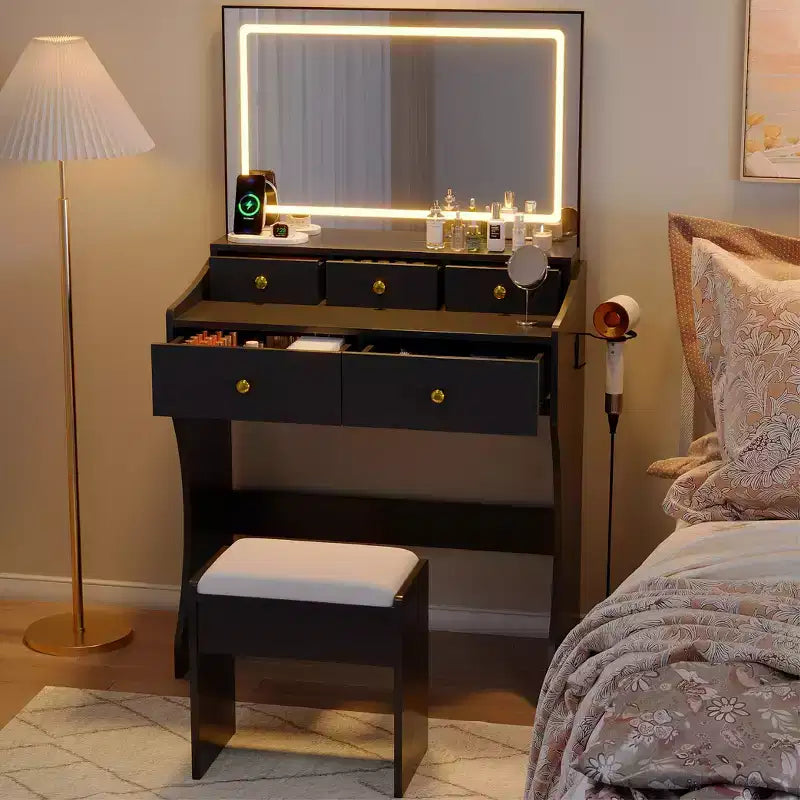 Set toeletta con specchio illuminato e sgabello, bianco/nero, 1 persona