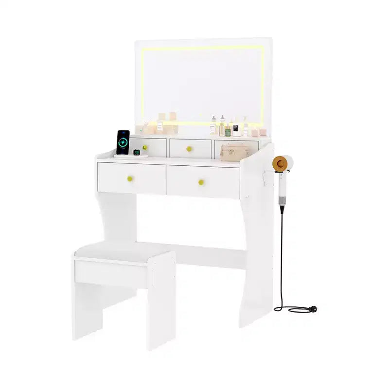 Set toeletta con specchio illuminato e sgabello, bianco/nero, 1 persona