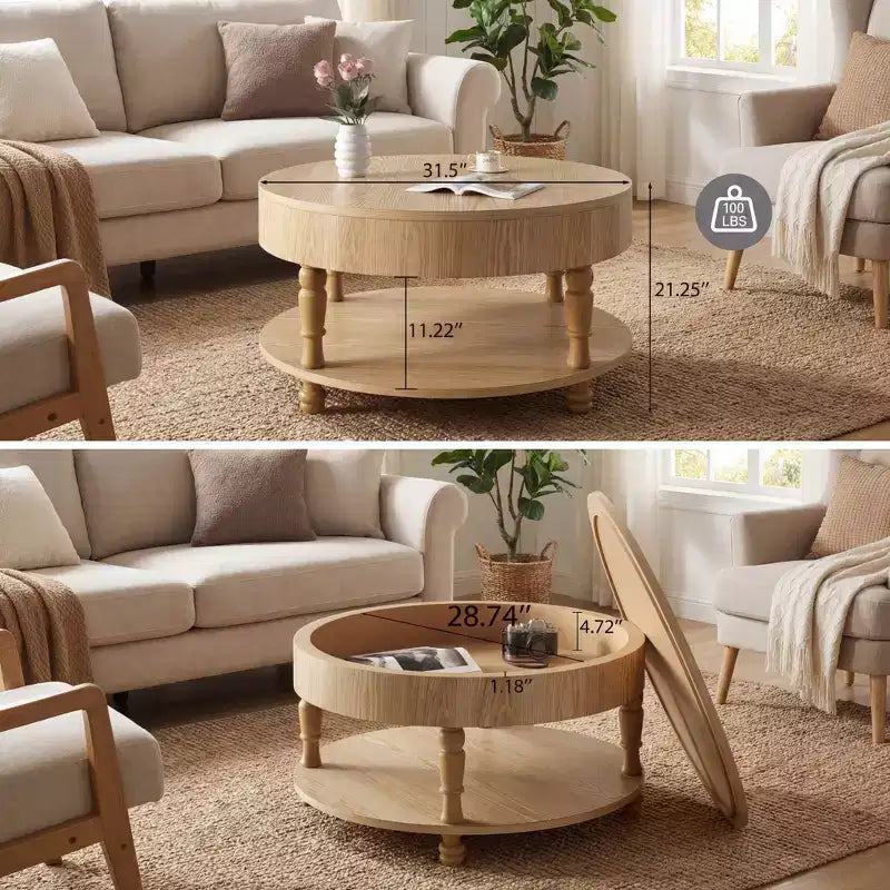 Tavolino da caffè rotondo beige con piano sollevabile e doppio vano contenitore