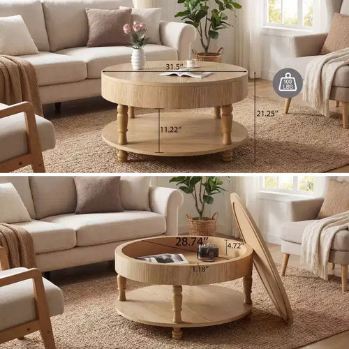 Tavolino da caffè rotondo beige con piano sollevabile e doppio vano contenitore