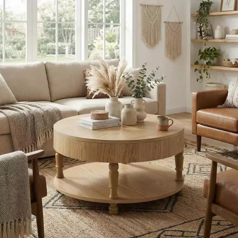 Tavolino da caffè rotondo beige con piano sollevabile e doppio vano contenitore