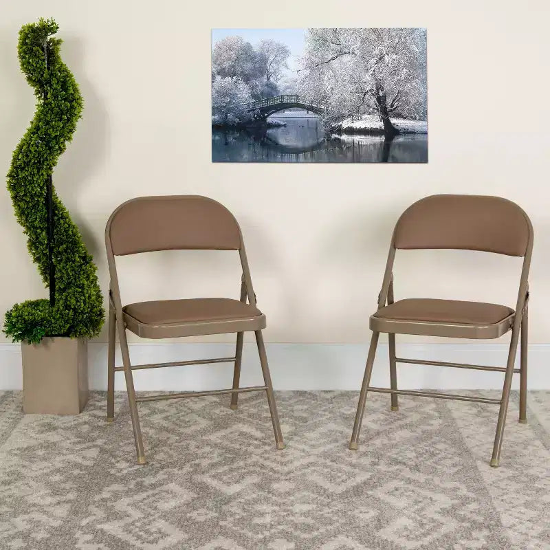 Sedia pieghevole senza braccioli con schienale alto, in vinile, beige/grigio, set da 2