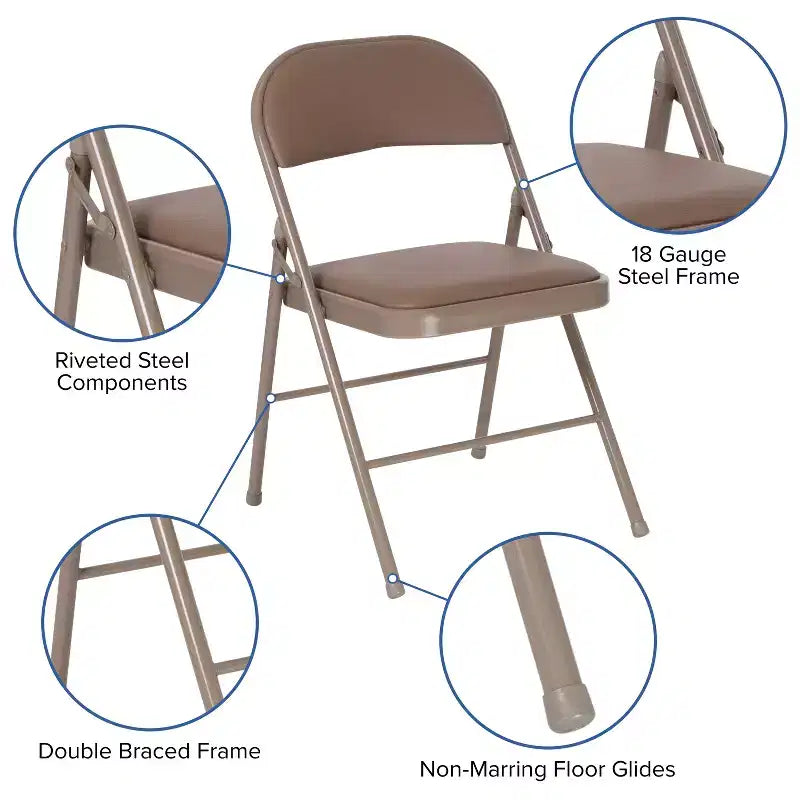 Sedia pieghevole senza braccioli con schienale alto, in vinile, beige/grigio, set da 2